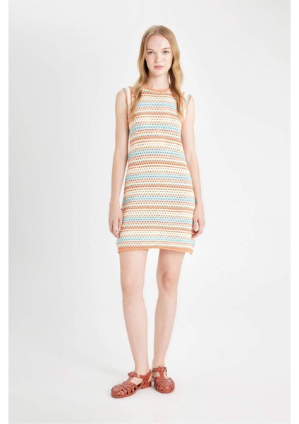 Coool Desenli Bisiklet Yaka Kroşe Kolsuz Mini Triko Elbise D4141AX24HS