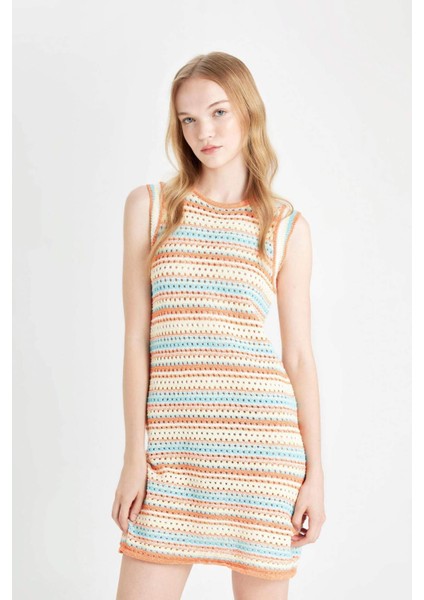 Coool Desenli Bisiklet Yaka Kroşe Kolsuz Mini Triko Elbise D4141AX24HS