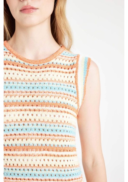 Coool Desenli Bisiklet Yaka Kroşe Kolsuz Mini Triko Elbise D4141AX24HS