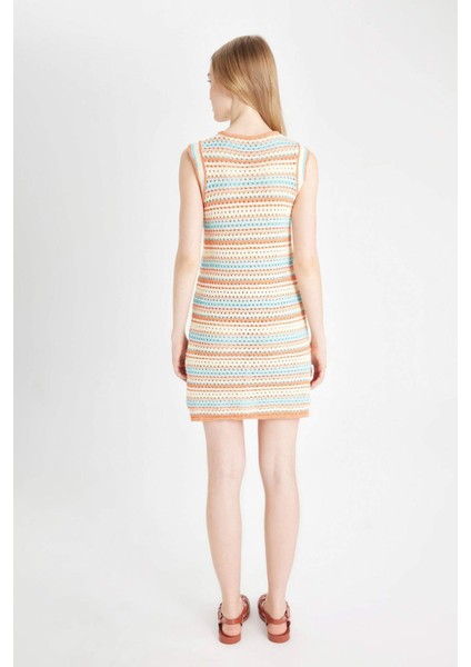 Coool Desenli Bisiklet Yaka Kroşe Kolsuz Mini Triko Elbise D4141AX24HS