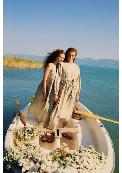 Manuka x DeFacto %100 Keten V Yaka Kolsuz Midi Elbise D4371AX24HS