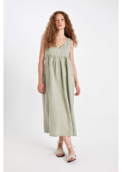 Manuka x DeFacto %100 Keten V Yaka Kolsuz Midi Elbise D4371AX24HS