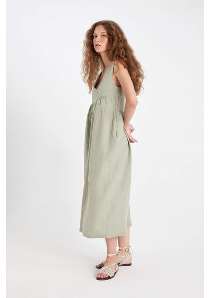 Manuka x DeFacto %100 Keten V Yaka Kolsuz Midi Elbise D4371AX24HS