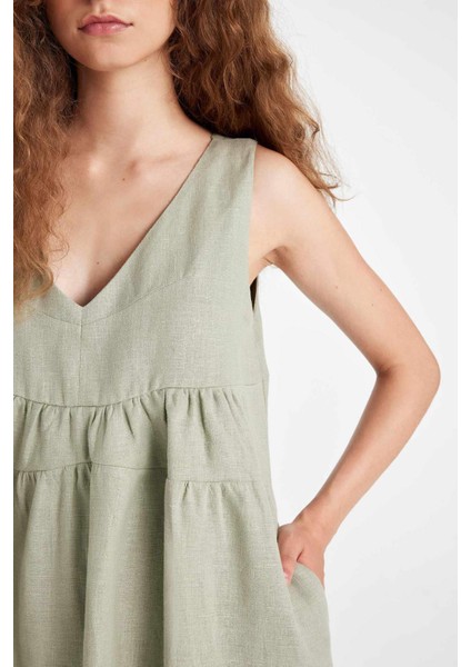 Manuka x DeFacto %100 Keten V Yaka Kolsuz Midi Elbise D4371AX24HS