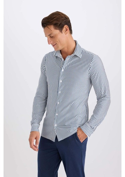 Slim Fit Dar Kesim Polo Yaka Çizgili Uzun Kollu Gömlek D4563AX24AU