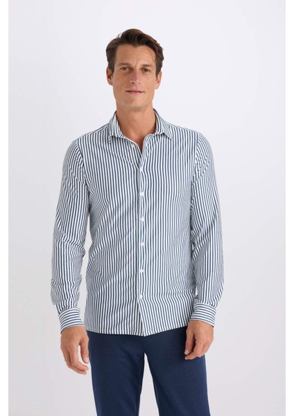 Slim Fit Dar Kesim Polo Yaka Çizgili Uzun Kollu Gömlek D4563AX24AU