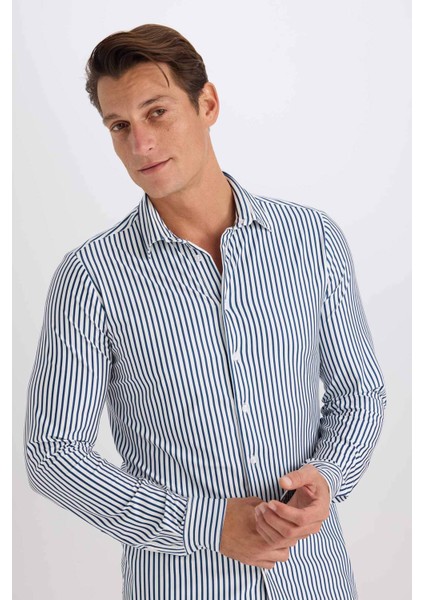 Slim Fit Dar Kesim Polo Yaka Çizgili Uzun Kollu Gömlek D4563AX24AU
