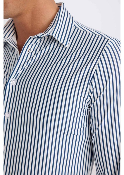 Slim Fit Dar Kesim Polo Yaka Çizgili Uzun Kollu Gömlek D4563AX24AU