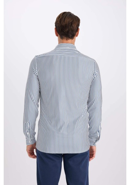 Slim Fit Dar Kesim Polo Yaka Çizgili Uzun Kollu Gömlek D4563AX24AU