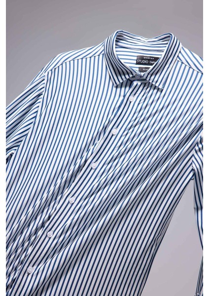 Slim Fit Dar Kesim Polo Yaka Çizgili Uzun Kollu Gömlek D4563AX24AU