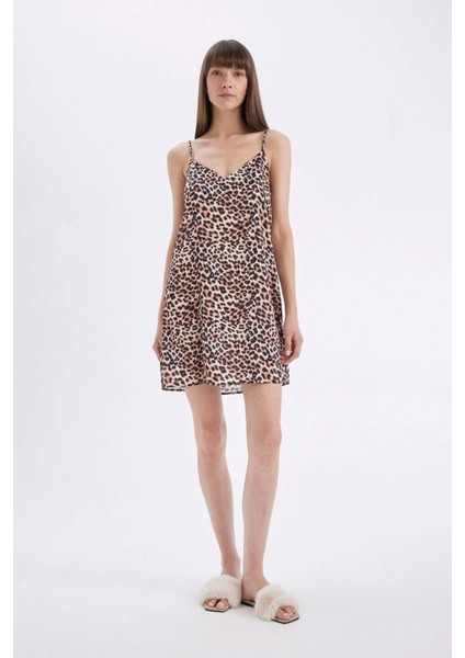 Leopar Desenli V Yaka Saten Askılı Gecelik-Fall in Love D4407AX24HS