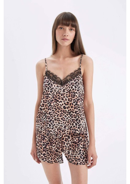 Saten Pijama Takımı Leopar Desenli Askılı Üst Beli Lastikli Şort-Fall in Love D4406AX24HS