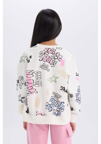 Kız Çocuk Oversize Geniş Kalıp Bisiklet Yaka 3D Baskılı Sweatshirt D3113A824WN