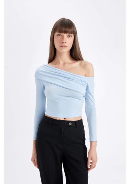 Slim Fit Dar Kesim Omzu Açık Basic Düz Uzun Kollu Bluz D4559AX24AU