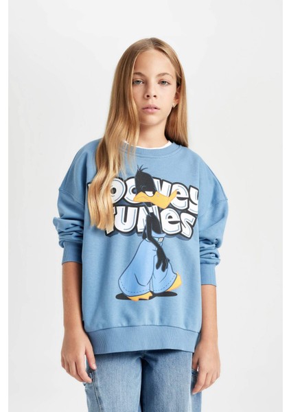 Kız Çocuk Mavi Looney Tunes Oversize Geniş Kalıp Bisiklet Yaka Sweatshirt D2982A824AU