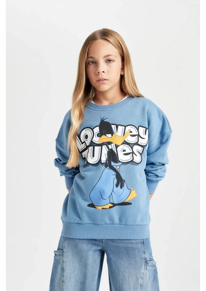 Kız Çocuk Mavi Looney Tunes Oversize Geniş Kalıp Bisiklet Yaka Sweatshirt D2982A824AU