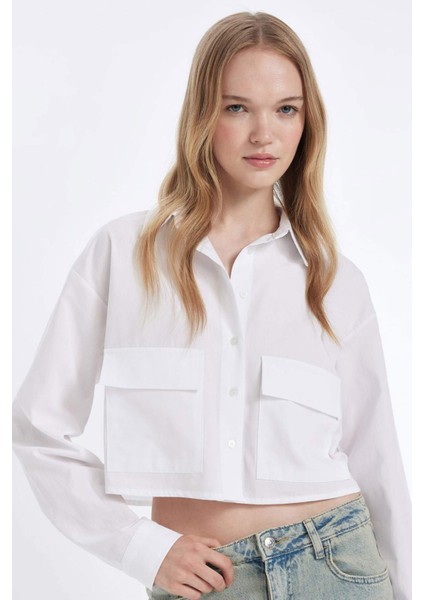 Oversize Geniş Kalıp Cepli Poplin Uzun Kollu Gömlek D4593AX24AU