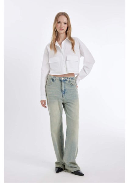 Oversize Geniş Kalıp Cepli Poplin Uzun Kollu Gömlek D4593AX24AU