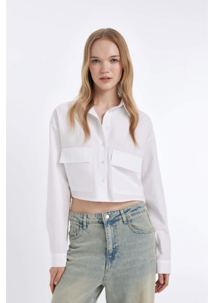 Oversize Geniş Kalıp Cepli Poplin Uzun Kollu Gömlek D4593AX24AU