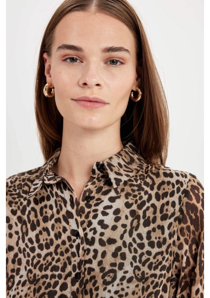 Gömlek Yaka Leopar Desenli Düğmeli Kemerli Uzun Kollu Mini Elbise D3956AX24AU