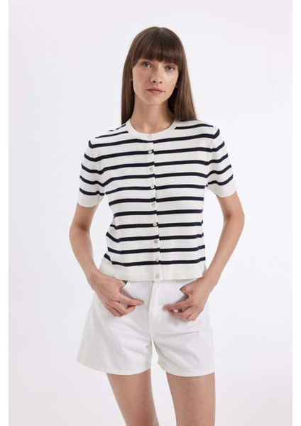 Regular Fit Çizgili Düğmeli Kısa Kollu Triko Hırka D4644AX24AU