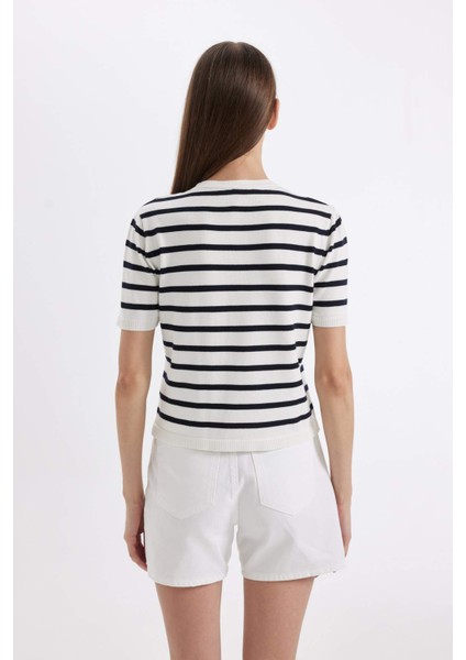 Regular Fit Çizgili Düğmeli Kısa Kollu Triko Hırka D4644AX24AU