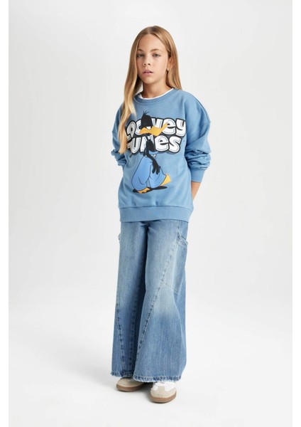 Kız Çocuk Mavi Looney Tunes Oversize Geniş Kalıp Bisiklet Yaka Sweatshirt D2982A824AU