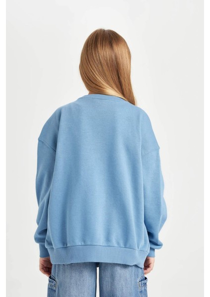 Kız Çocuk Mavi Looney Tunes Oversize Geniş Kalıp Bisiklet Yaka Sweatshirt D2982A824AU