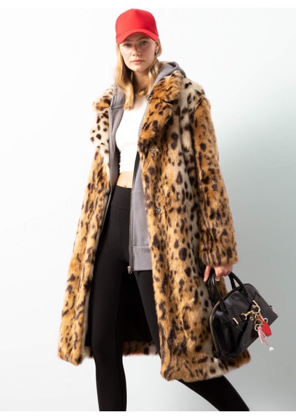 Relax Fit Leopar Desenli Ceket Yaka Cepli Uzun Suni Kürk Kaban D4005AX24WN