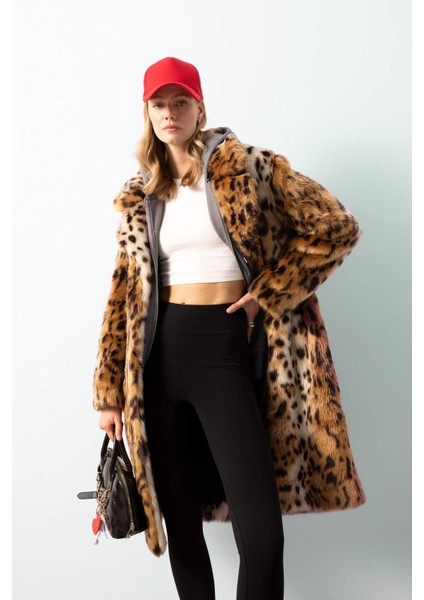 Relax Fit Leopar Desenli Ceket Yaka Cepli Uzun Suni Kürk Kaban D4005AX24WN