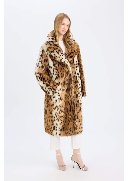 Relax Fit Leopar Desenli Ceket Yaka Cepli Uzun Suni Kürk Kaban D4005AX24WN