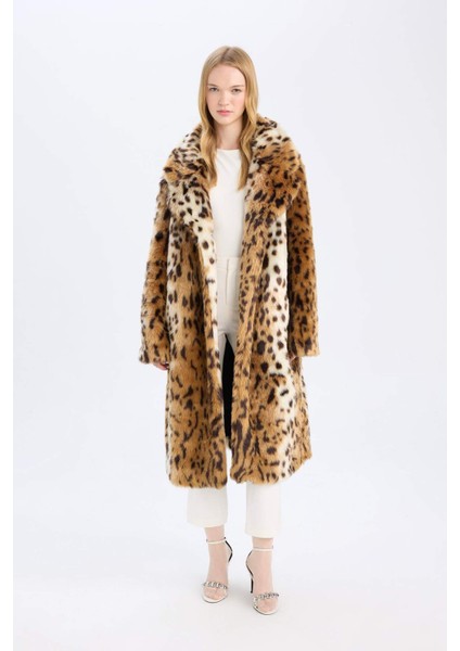 Relax Fit Leopar Desenli Ceket Yaka Cepli Uzun Suni Kürk Kaban D4005AX24WN