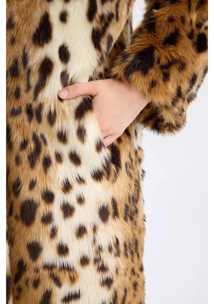Relax Fit Leopar Desenli Ceket Yaka Cepli Uzun Suni Kürk Kaban D4005AX24WN