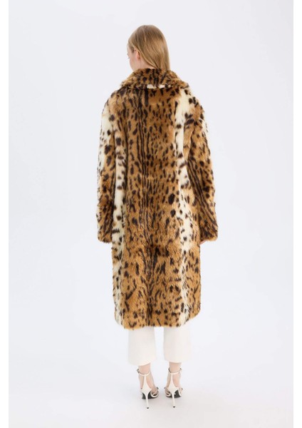 Relax Fit Leopar Desenli Ceket Yaka Cepli Uzun Suni Kürk Kaban D4005AX24WN
