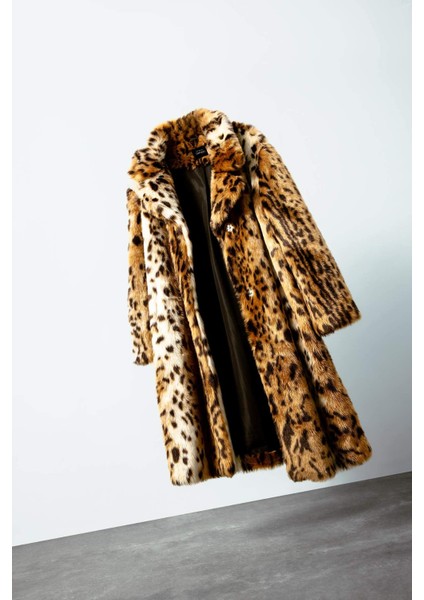 Relax Fit Leopar Desenli Ceket Yaka Cepli Uzun Suni Kürk Kaban D4005AX24WN