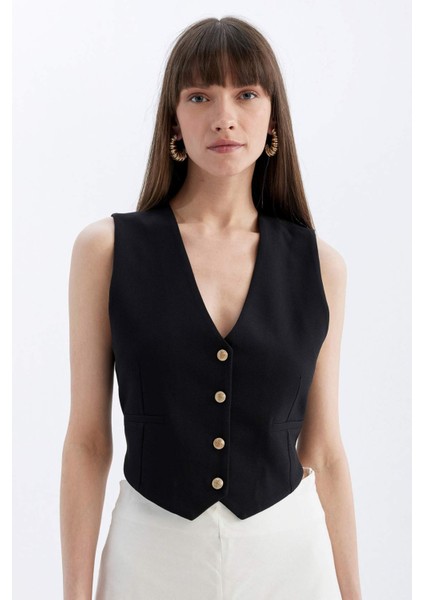 Regular Fit V Yaka Düğmeli Blazer Yelek