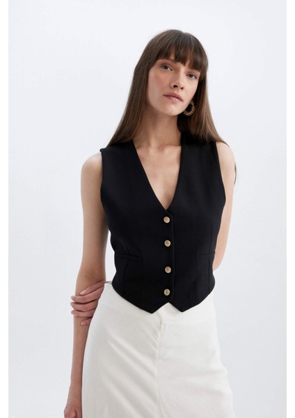 Regular Fit V Yaka Düğmeli Blazer Yelek