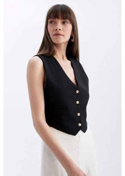 Regular Fit V Yaka Düğmeli Blazer Yelek