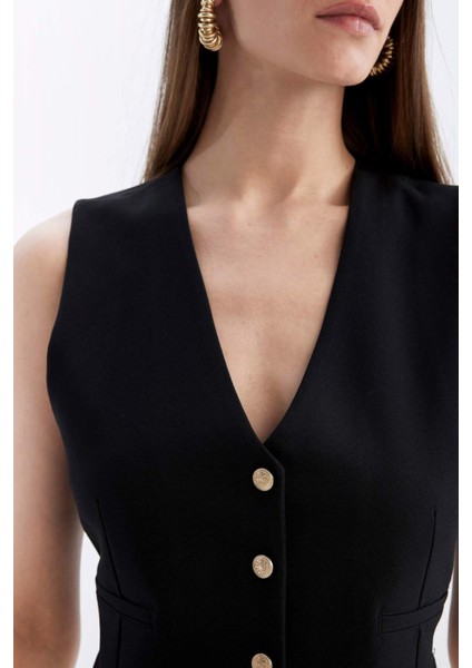 Regular Fit V Yaka Düğmeli Blazer Yelek