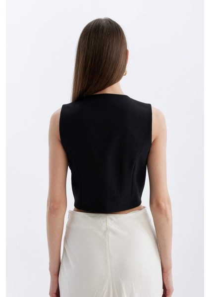 Regular Fit V Yaka Düğmeli Blazer Yelek