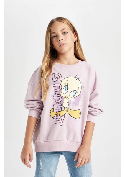 Kız Çocuk Looney Tunes Baskılı Oversize Geniş Kalıp Bisiklet Yaka Sweatshirt D2983A824AU