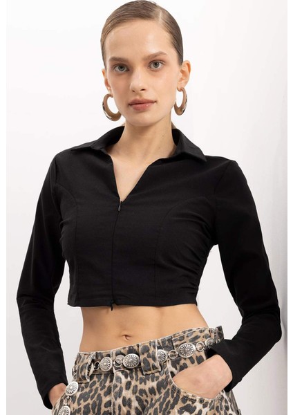 Siyah Fitted Vücuda Oturan Gömlek Yaka Fermuarlı Bengalin Uzun Kollu Crop Basic Düz Bluz C5037AX24AU
