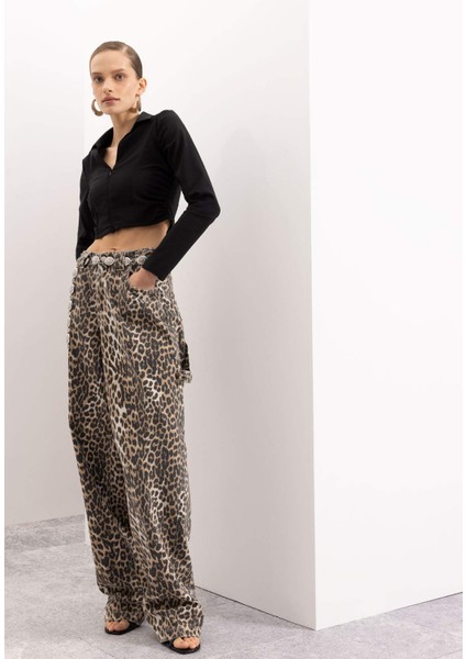 Siyah Fitted Vücuda Oturan Gömlek Yaka Fermuarlı Bengalin Uzun Kollu Crop Basic Düz Bluz C5037AX24AU