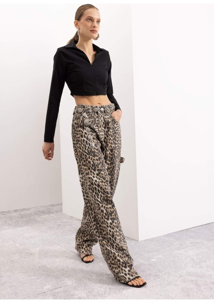 Siyah Fitted Vücuda Oturan Gömlek Yaka Fermuarlı Bengalin Uzun Kollu Crop Basic Düz Bluz C5037AX24AU