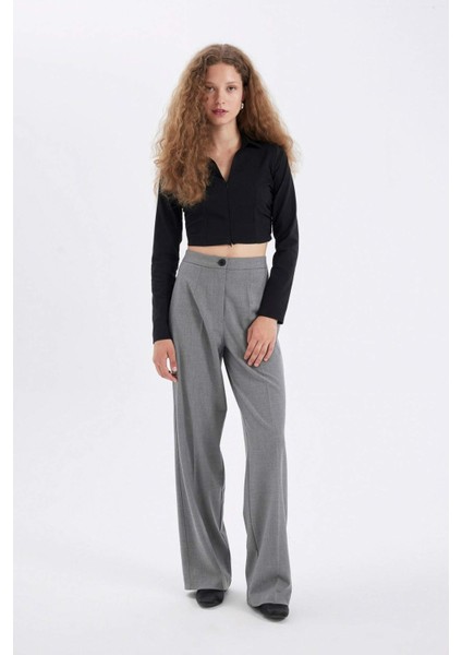 Siyah Fitted Vücuda Oturan Gömlek Yaka Fermuarlı Bengalin Uzun Kollu Crop Basic Düz Bluz C5037AX24AU