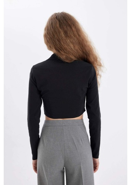 Siyah Fitted Vücuda Oturan Gömlek Yaka Fermuarlı Bengalin Uzun Kollu Crop Basic Düz Bluz C5037AX24AU