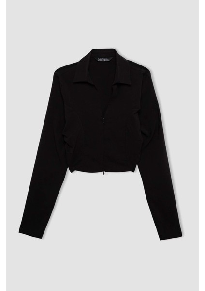 Siyah Fitted Vücuda Oturan Gömlek Yaka Fermuarlı Bengalin Uzun Kollu Crop Basic Düz Bluz C5037AX24AU