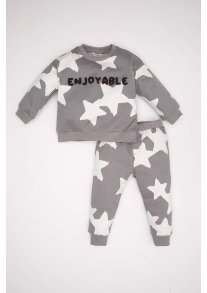 Erkek Bebek 2'li Takım Yıldız Desenli Sweatshirt Beli Lastikli Jogger Eşofman Altı