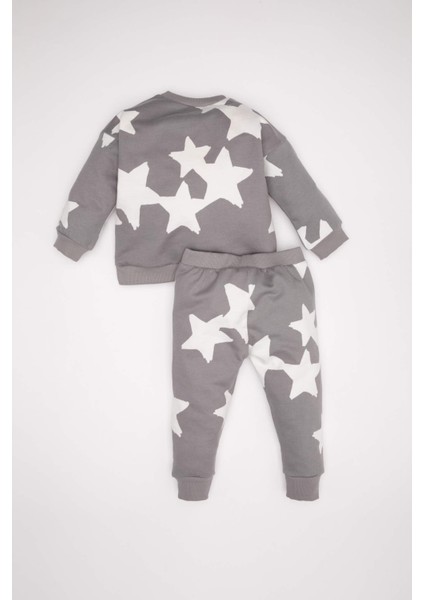 Erkek Bebek 2'li Takım Yıldız Desenli Sweatshirt Beli Lastikli Jogger Eşofman Altı