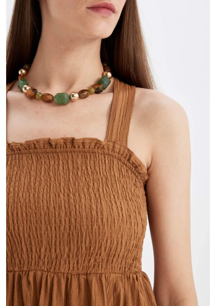 Kare Yaka Askılı Midi Elbise